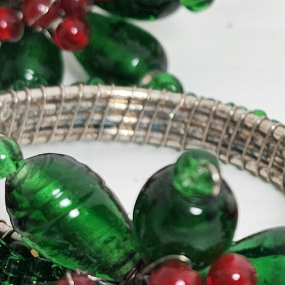 6 Red Green Glass Beaded Napkin Rings Holders Floral Set vtg holiday Christmas - Picture 7 of 11